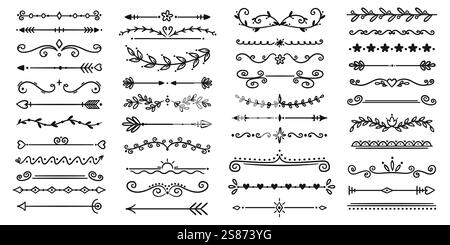 Séparateurs décoratifs. Éléments de ligne florale noire. Soulignement de bordure ornée sur la page de texte. Ornements vintage. Design de livres rétro. Flèches dessinées à la main. Bota Illustration de Vecteur