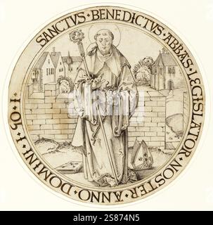 Der heilige Benedikt, Benedikt von Nursia, Benedetto di Norcia, um 480 - 21. März 547, War ein Einsiedler, Abt und Ordensgründer, in der orthodoxen, armenischen und katholischen Kirche wird er als Heiliger verehrt, um 1600, nach einem Bild von Hans Süss von Kulmbach, Historisch, digital restaurierte Reproduktion von einer Vorlage aus dem 19. Jahrhundert Banque D'Images