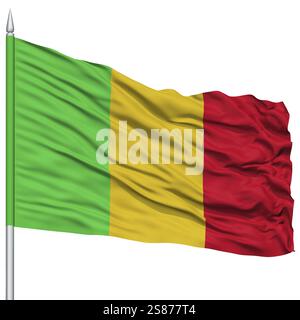 Mali drapeau sur mât de drapeau, voler dans le vent, isolé sur fond blanc Banque D'Images