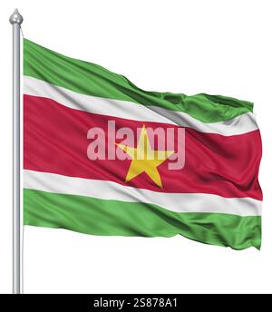 Pavillon du Suriname avec mât de forme dans le vent contre fond blanc Banque D'Images