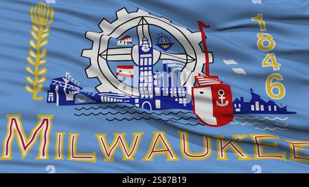 Gros plan du drapeau de la ville de Milwaukee, ondulant dans le vent, l'État du Wisconsin, États-Unis d'Amérique Banque D'Images