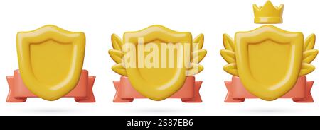 Cadres de badge de jeu 3D mignon avec une couronne de laurier de bouclier or et ruban de récompense Illustration de Vecteur