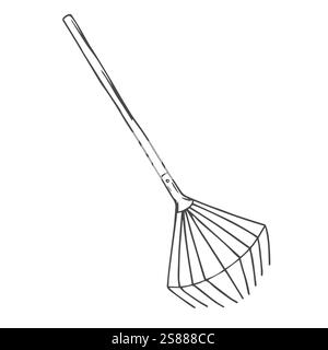 Outils de jardinage icônes de contour de râteau. Râteau vectoriel gravé noir et blanc. Coloriage pour enfants et adultes. Illustration de Vecteur