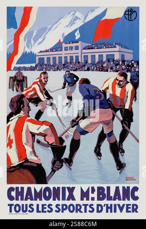 Mont Chamonix Blanc. Tous les sports d'hiver de Roger Broders (1883-1953). Affiche publiée en 1930 en France. Banque D'Images