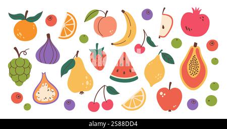 Collecte de fruits. Différents fruits et baies. Vitamines organiques et nutrition saine. Conception plate. Vecteur Illustration de Vecteur