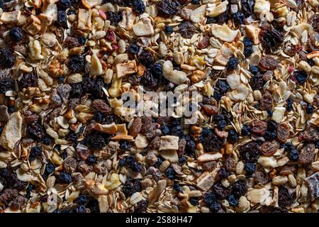 Muesli d'avoine à grains entiers avec fruits secs, noix, raisins secs et baies, vue de dessus, gros plan. Fond de muesli biologique pour le petit déjeuner Banque D'Images