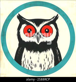 Circular Owl Design : rétro sarcelle et illustration rouge pour les intérieurs modernes Banque D'Images