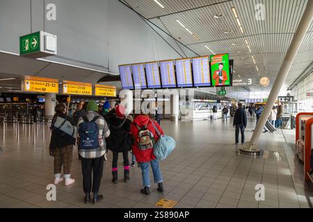 Touristes et passagers marchent avec leurs bagages à la porte de leur avion à l'aéroport de Schiphol à Amsterdam. Banque D'Images