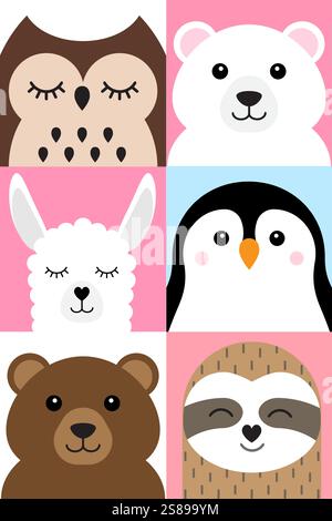 Ensemble de vecteur faisceau de dessins animés plats différents animaux et les visages d'oiseaux isolés sur fond blanc Illustration de Vecteur