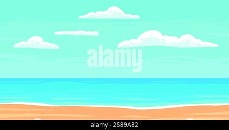 Plage d'été de dessin animé. Paradis nature vacances, océan ou mer bord de mer. Paysage de bord de mer, plage tropicale relax ou paysage de bord de mer. Arrière-plan vectoriel Illustration de Vecteur