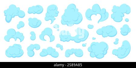 Nuages de poussière. Bande dessinée Little Smoke puff Stream nuages, nuages puffs silhouettes plates illustration vectorielle. Dessin animé de minuscules nuages de fumée sur blanc Illustration de Vecteur