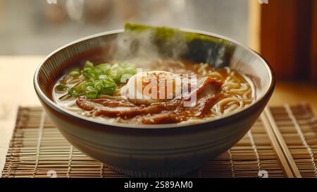 Un bol vapeur de ramen miso japonais traditionnel, surmonté de tranches de tendres chashu porc, un œuf dur parfaitement mou avec un jaune d'or, nori she Banque D'Images
