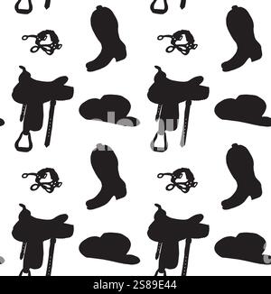 Vecteur modèle sans couture de croquis noir silhouette d'équipement équestre de cowboy occidental isolé sur fond blanc Illustration de Vecteur