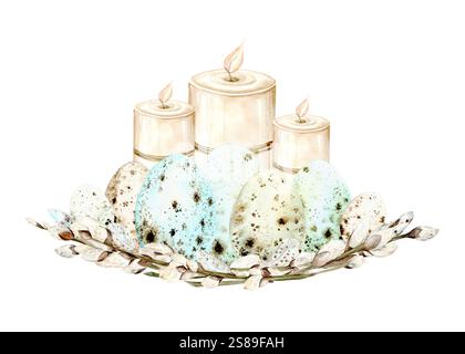 Illustration aquarelle de bougies décoratives et de brins de saule entourés d'œufs de caille pastel. Parfait pour les voeux de Pâques, la décoration de printemps et les cartes de vacances Banque D'Images