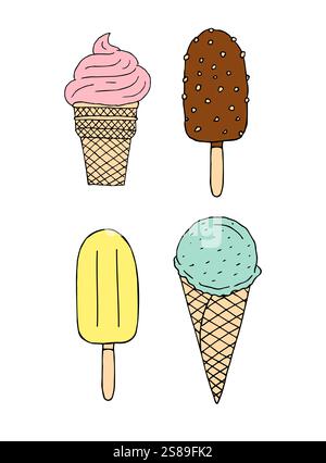 Vector Set bundle de croquis de doodle dessiné à la main différentes crèmes glacées colorées isolées sur fond blanc Illustration de Vecteur
