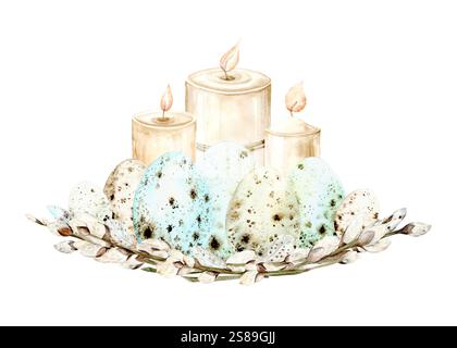 Composition aquarelle de bougies décoratives et de brins de saule, entourée d'œufs de caille pastel. Parfait pour les voeux de Pâques, la décoration de printemps et les cartes de vacances Banque D'Images