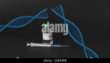 Image de brins d'adn bleus au-dessus de la seringue et du flacon de vaccin sur fond noir Banque D'Images