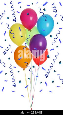 Beaucoup de ballons lumineux, banderoles serpentine et confettis sur fond blanc Banque D'Images