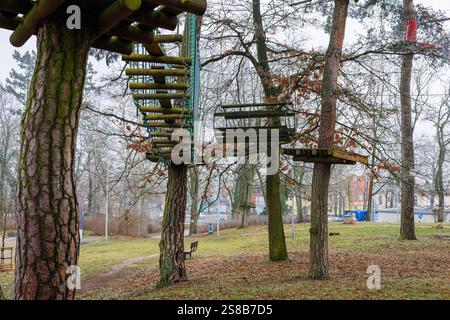 Arbres du parc de cordes avec des plates-formes sur des troncs et des ponts suspendus. Obstacles sur la piste de stationnement de corde. Banque D'Images