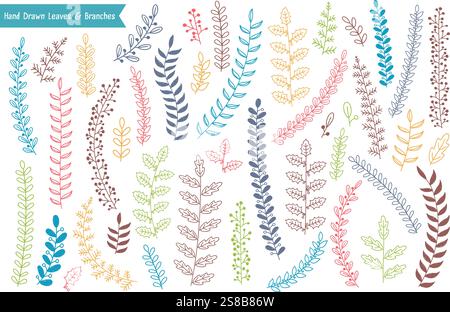 Feuilles et branches dessinées à la main colorées sur fond blanc, illustration vectorielle eps10 Illustration de Vecteur