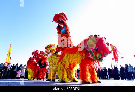 Zhangye, Chine. 22 janvier 2025. Les amoureux du patrimoine culturel immatériel exécutent une danse du lion pour les touristes sur la place culturelle du village de Zhenjiang, ville de Heiquan, comté de Gaotai, à Zhangye, en Chine, le 21 janvier 2025. (Photo de Costfoto/NurPhoto) crédit : NurPhoto SRL/Alamy Live News Banque D'Images