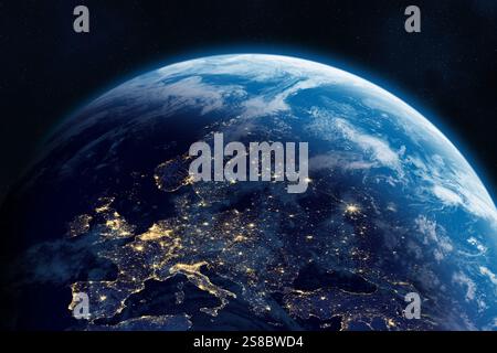 Europe la nuit vue de l'espace avec les lumières de la ville. Vue de la Terre depuis l'espace. Image haute résolution. Éléments de cette image fournis par la NASA. Banque D'Images