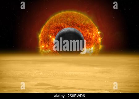 Vénus, Mercure et Soleil dans l'espace. Planètes du système solaire dans l'espace lointain. Alignement planétaire. Éléments de cette image fournis par la NASA. Banque D'Images