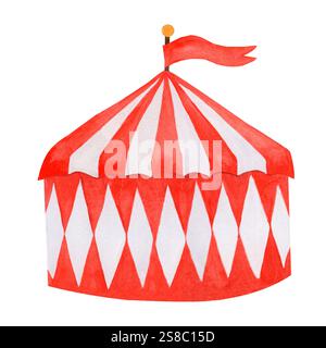 Tente de cirque rouge et blanc aquarelle avec drapeau, peinte à la main. Illustration bébé pour parfait pour les invitations, modèles de cartes, cartes d'anniversaire et de bébé, Banque D'Images