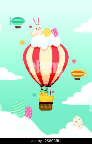 Baby Chicks et la montgolfière pour le jour de Pâques. Affiche festive pour le design de Pâques. Illustration vectorielle. Illustration de Vecteur
