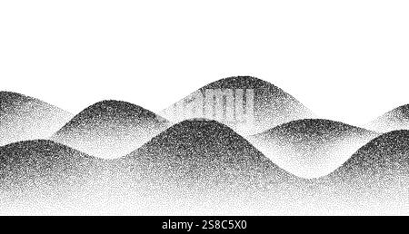 Fond de vecteur de paysage de collines et de montagnes de demi-teinte de grain de bruit. Gradient de bruit noir points chaîne de montagnes avec texture sable et motif pointillé. Terrain de collines de grain abstrait et points de vagues Illustration de Vecteur