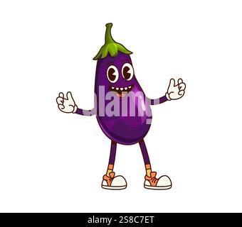 Personnage végétal d'aubergine groovy frappant une pose ludique, incarnant une ambiance amusante et vivante des années 70 Dessin animé vecteur joyeux personnage végétarien cru de ferme avec un visage souriant, des gants blancs et des baskets Illustration de Vecteur