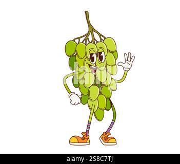 Personnage de fruit de raisin rétro groovy de dessin animé. Alimentation saine fruits tropicaux mûrs heureux personnage, dessert juteux doux d'été groovy caractère vectoriel isolé. Mascotte mignonne de raisin vert frais agitant la main Illustration de Vecteur