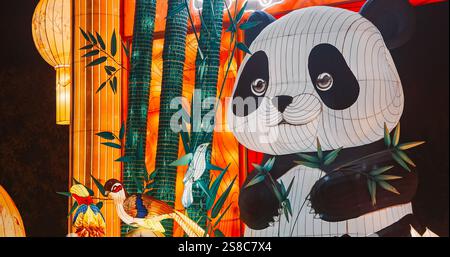 Pékin, Chine. Festival des lanternes Zigong à Pékin. Lanternes brillantes étonnantes en forme de Panda. Festival des lanternes dans le parc d'expositions Beijing Garden. Géant Banque D'Images