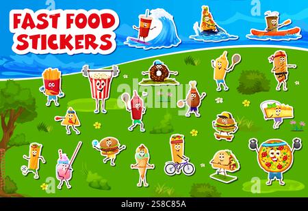 Stickers pack de personnages de fast-food sur le sport de fitness. Soda et café boisson à emporter, hamburger, hot-dog et burrito repas fast food personnages amusants de dessins animés jouant des jeux de sport jeu d'autocollants vectoriels ensemble Illustration de Vecteur