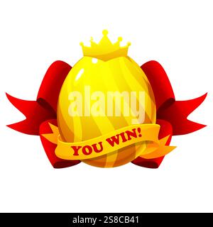 Pâques Egg Award, oeuf d'or avec des rubans et du texte QUE VOUS GAGNEZ. Symbole badge de jeu Illustration de Vecteur