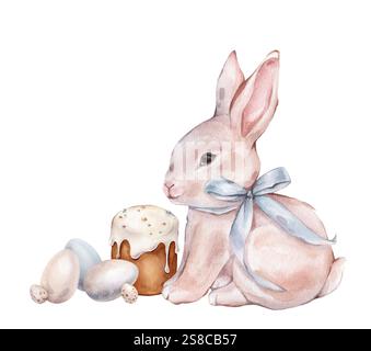 Aquarelle illustration dessinée à la main de lapin ou lapin de Pâques et de Kulich avec glaçage blanc et saupoudrons colorées. Œufs de poulet et de caille colorés et Banque D'Images