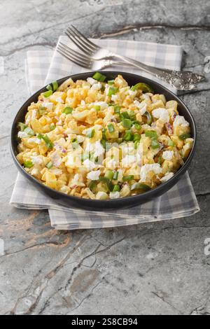 Salade de pommes de terre au maïs mexicain avec jalapenos épicés, œufs durs, oignons verts et rouges frais et fromage cotija salé en gros plan sur l'assiette sur la ta Banque D'Images