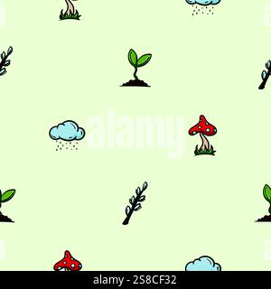 Motif sans couture de printemps lumineux avec la nature, les plantes et les champignons. Fond de vecteur pour la décoration, l'impression, le papier d'emballage Illustration de Vecteur