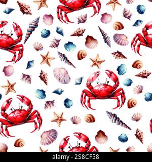 Motif sans couture décoratif vectoriel peint à l'aquarelle avec des crabes rouges marins et des coquillages marins Illustration de Vecteur