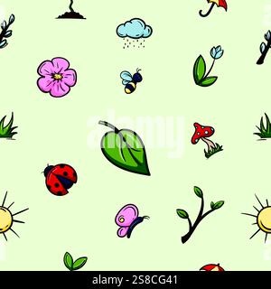 Motif sans couture de printemps lumineux avec des éléments de la nature, des changements saisonniers, des insectes, des plantes. Arrière-plan vectoriel pour l'impression Illustration de Vecteur