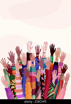 Les mains levées des femmes multiculturelles du groupe. Journée internationale de la femme. Diversité - inclusion - égalité - pouvoir des filles ou concept d'autonomisation Illustration de Vecteur