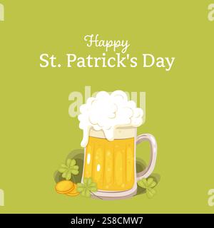 Heureux St. patricks day. Une simple carte postale avec de la bière, du trèfle. Illustration de Vecteur