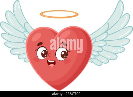 Mignon personnage de coeur volant avec des ailes et halo, style doodle. Dessiné à la main dessin animé plat style isolé icône mignon coeur volant. Coeur d'ange avec des ailes. Cupidon aime la Saint-Valentin. Illustration vectorielle Illustration de Vecteur