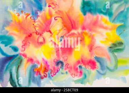 Aquarelle abstraite peinture originale couleur rouge de fleur d'orchidée et feuilles vertes sur fond bleu. Banque D'Images