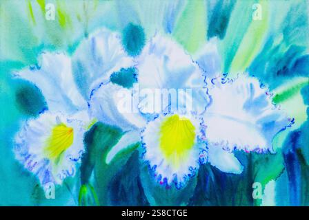 Aquarelle abstraite peinture originale blanc, couleur jaune de fleur d'orchidée et feuilles vertes sur fond bleu. Illustration peinte à la main. Banque D'Images