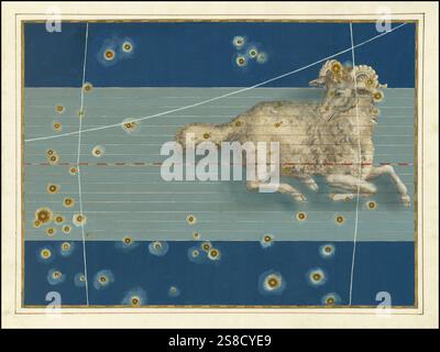 Astronomie. Der Himmelsatlas, die Uranometria, ptolemäische Sternbilder, von Johann Bayer 1572 - 7. März 1625, deutscher Astronom, Bélier, Widder, ein Ekliptiksternbild, Digital verbesserte Reproduktion einer historischen Vorlage Banque D'Images