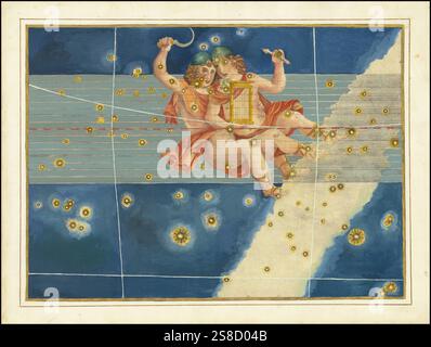 Astronomie. Der Himmelsatlas, die Uranometria, ptolemäische Sternbilder, von Johann Bayer 1572 - 7. März 1625, deutscher Astronom, Gemini, Zwillinge, Sternbild der Ekliptik, Digital verbesserte Reproduktion einer historischen Vorlage Banque D'Images
