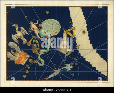 Astronomie. Der Himmelsatlas, die Uranometria, ptolemäische Sternbilder, von Johann Bayer 1572 - 7. März 1625, deutscher Astronom, Pavo, Sternbild Pfau, Digital verbesserte Reproduktion einer historischen Vorlage Banque D'Images