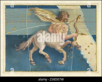 Astronomie. Der Himmelsatlas, die Uranometria, ptolemäische Sternbilder, von Johann Bayer 1572 - 7. März 1625, deutscher Astronom, Sagittaire, Schütze, Sternbild der Ekliptik, Digital verbesserte Reproduktion einer historischen Vorlage Banque D'Images