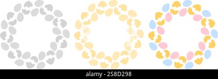 Oeufs de Pâques craquelés et entiers cadres ronds bordures colorées et niveaux de gris. Espace de copie jeu de modèles 2. Illustration vectorielle isolée carte thématique, dépliant, livret, étiquette de prix, étiquette ou bannière promo web Illustration de Vecteur